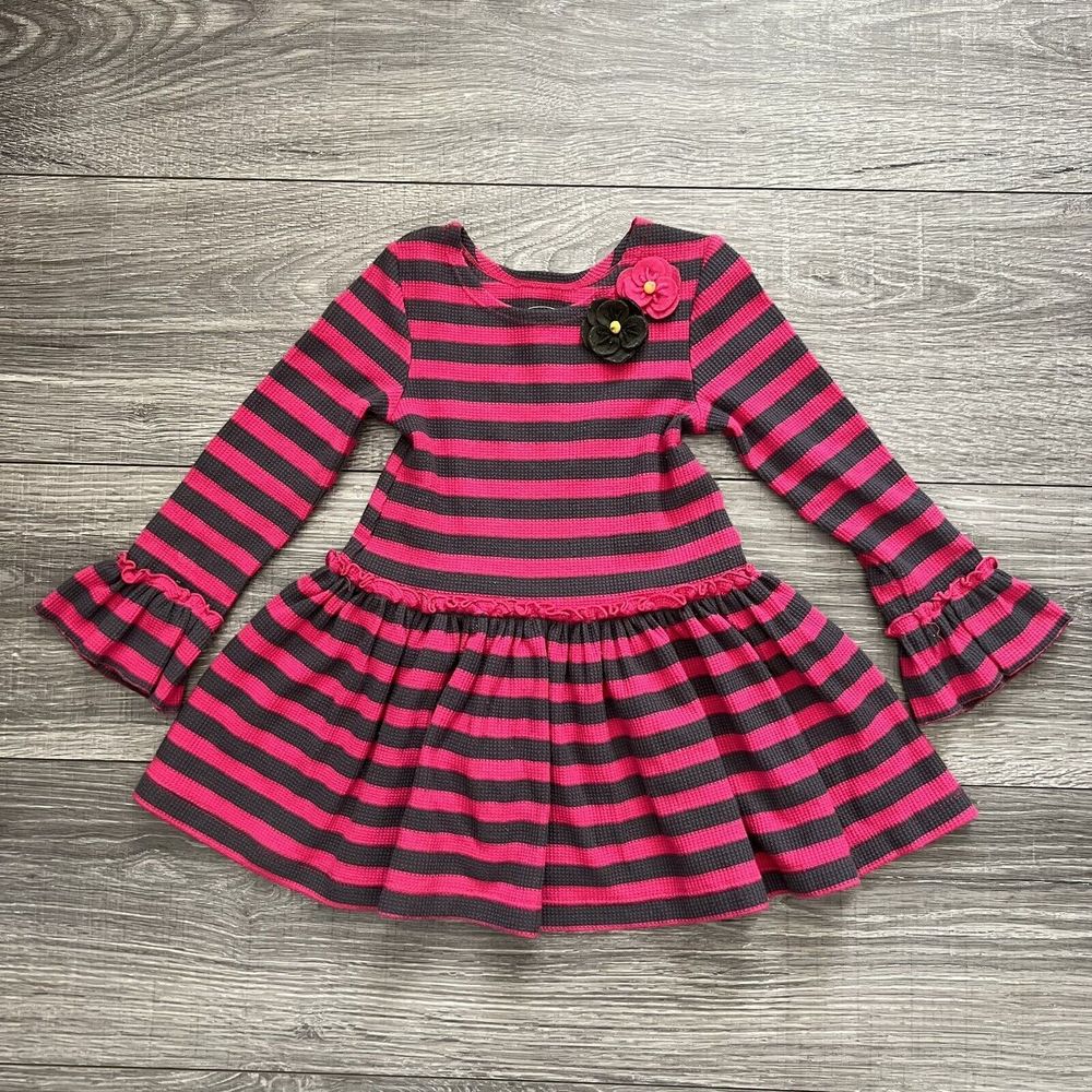 Pippa & Julie Baby Girls Long Sleeve Stripe Dress size 2T Pink Gray Waffle